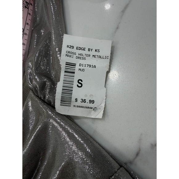 Edge by KS Dress Womens Small Mud Taupe‎ Metallic Cross Halter Maxi Gown D11791A - Picture 8 of 11
